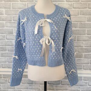 Blue White Ribbon Cardigan Sweater Cottage Coquette Feminine Soft Girl NEW  M/L